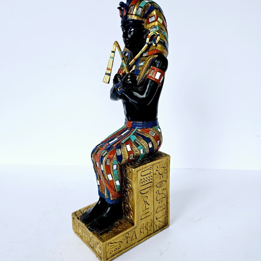 Vintage Egyptian King Tut Pharaoh Seated Statue Hieroglyphics Mosaic Decor 11.5" - Picture 4 of 9